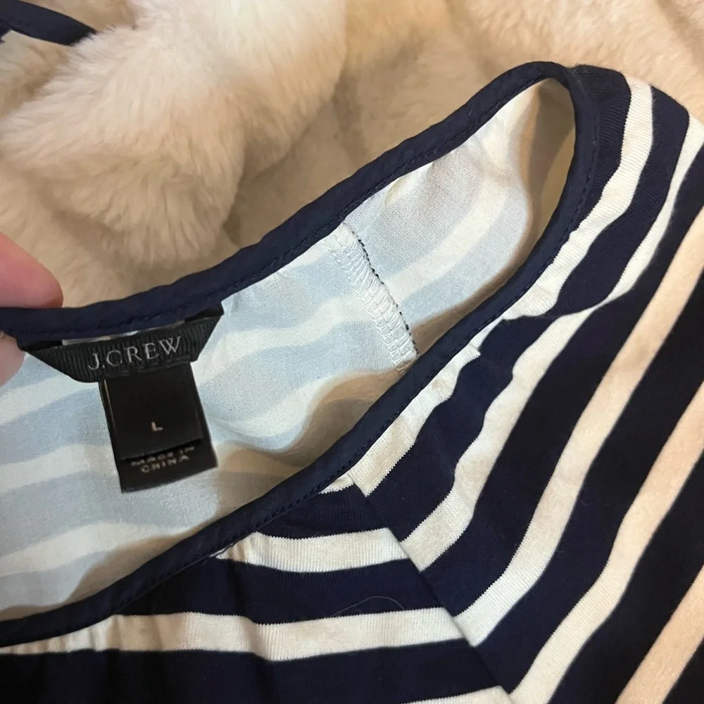 J. Crew L Navy Blue Ecru Striped Boat Neck Preppy Knit Top Teacher Workwear City